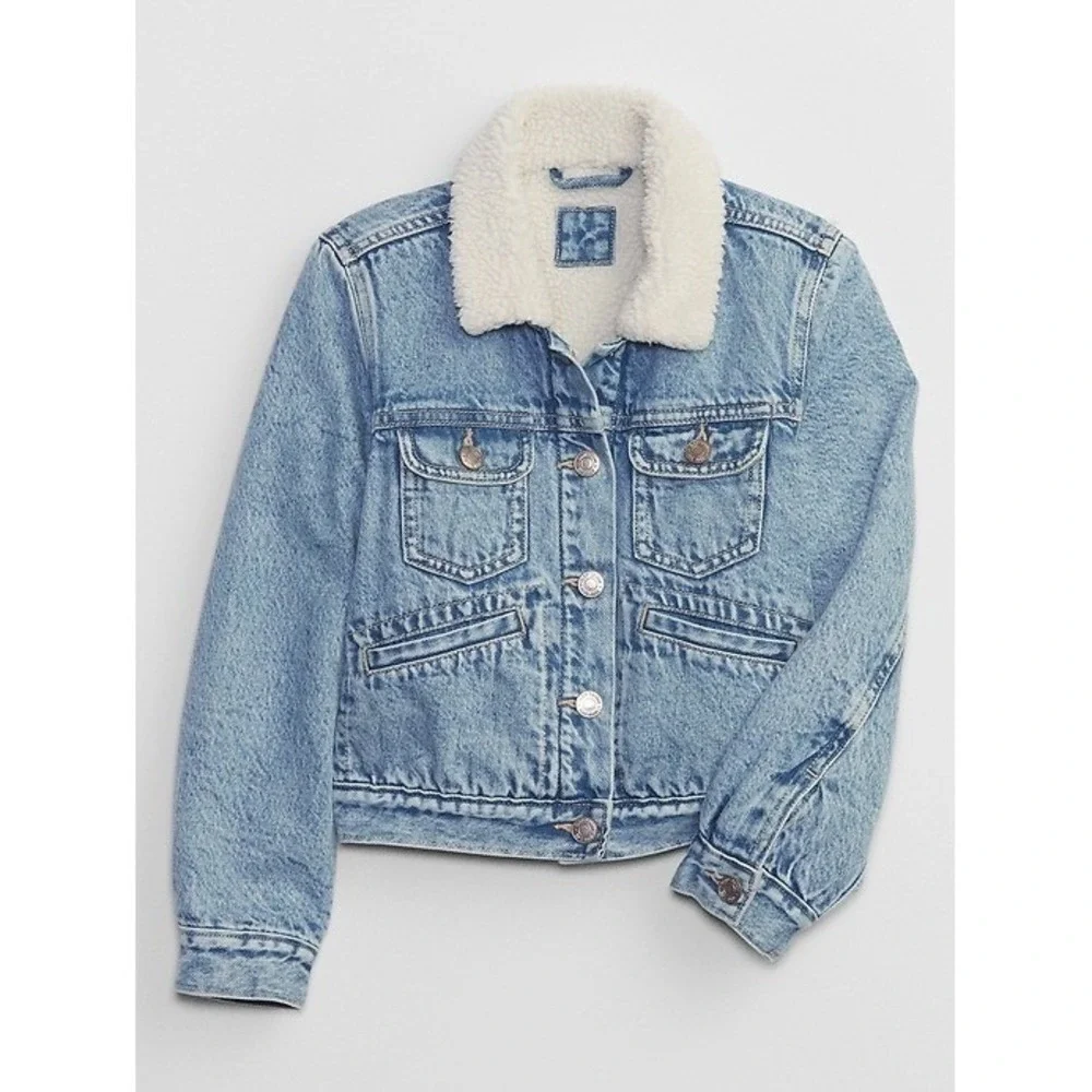 Gap Kids Sherpa Lined‎ Denim Icon Jacket Light Wash Blue Size L 10-11 413974-00